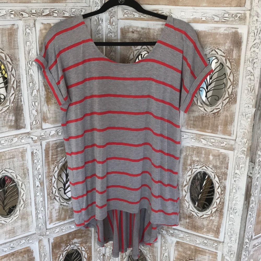 Gray and Red Striped Tee Shirt with Back Pleat